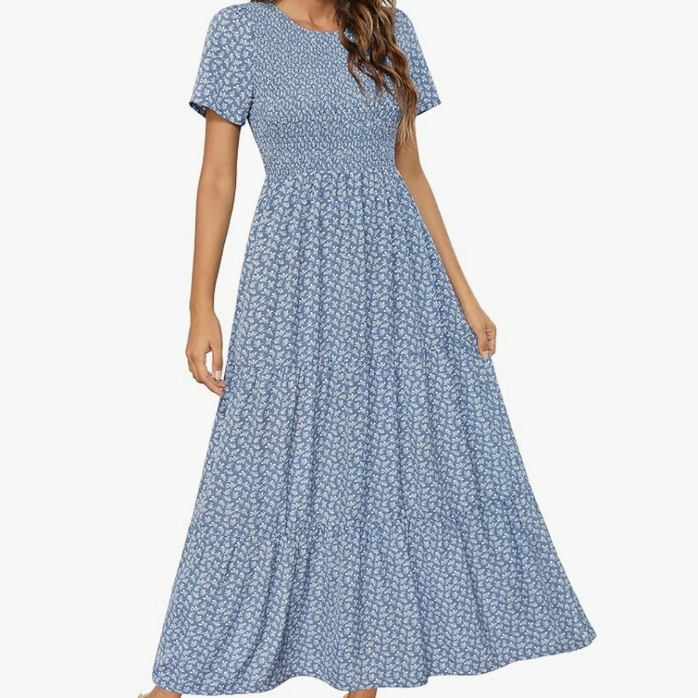 Blue Mageer maxi dress with tiered design and short sleeves
